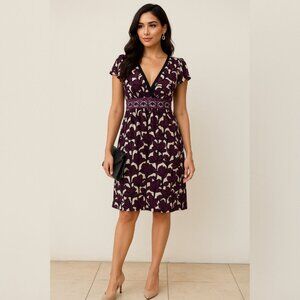 Evan Picone Purple Floral Empire Waist Dress  Size 10 V-Neck Cap Sleeve